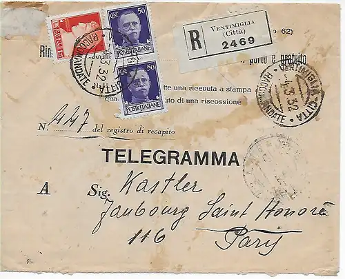 Einschreiben Ventimiglia nach Paris, Telegram 7F,  1932