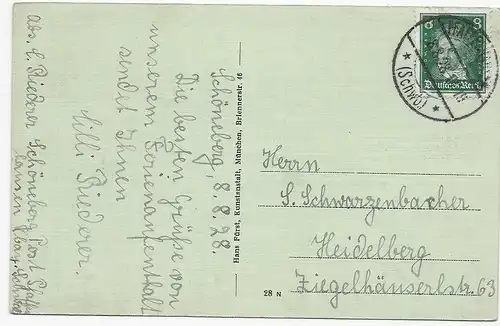 Ansichtskarte Gruß aus Schöneberg/Pfaffenhofen, 1928 nach Heidelberg