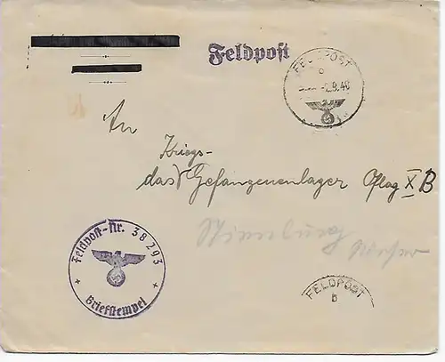 Feldpost Nr. 38293, 1940 an Kriegsgefangenlager Oflag XB, Nienburg