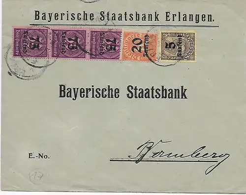 Bankbrief, Dienstpost von Erlangen nach Bamberg, rückseit. geprüft Infla Berlin