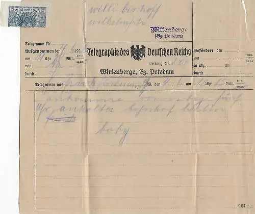 Telegram Wittenberge/Potsdam, 1906