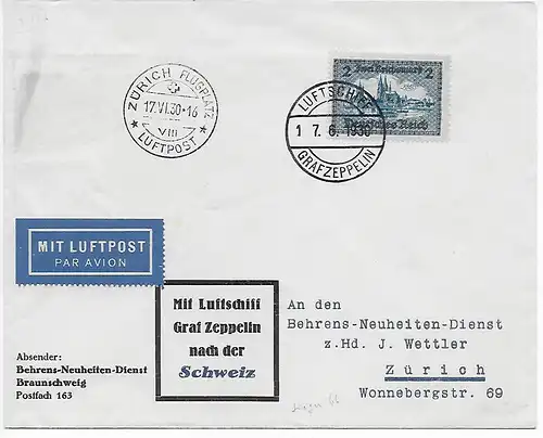 Luftpost Graf Zeppelin 1930 nach Zürich, MiNr. 440, mit Brief Sieger 1940