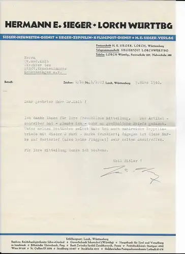 Luftpost Graf Zeppelin 1930 nach Zürich, MiNr. 440, mit Brief Sieger 1940