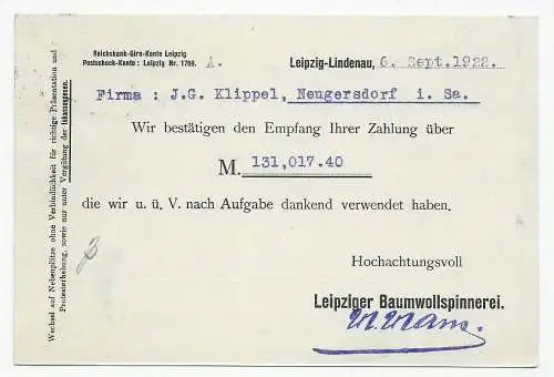 Drucksache Postkarte Leipzig, Unterrand nach Neugersdorf, Baumwollspinnerei 1922