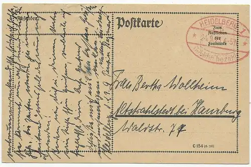 Postkarte Gebühr bezahlt: Heidelberg nach Hamburg, 1923