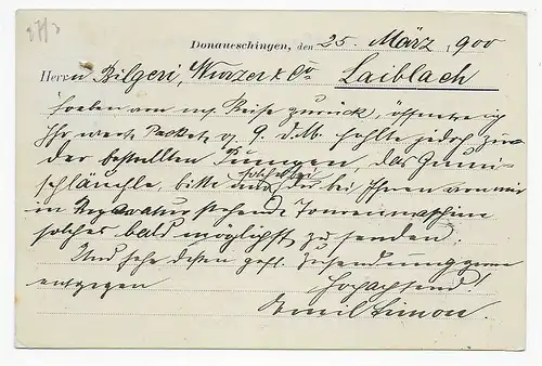 Postkarte Donaueschingen Buchdruckerei, 1900 nach Laiblach, Österreich