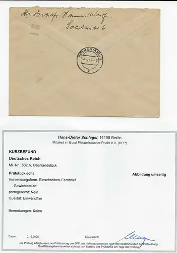 EF MiNr. 802 A, Oberrand auf Brief von Hamm nach Köthen 1942, BPP geprüft