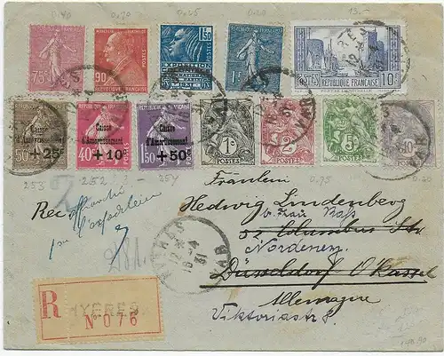 Einschreiben Hyeres nach Düsseldorf, weiter Nordeney, 1931, MiNr. 252-254