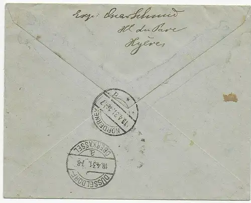 Einschreiben Hyeres nach Düsseldorf, weiter Nordeney, 1931, MiNr. 252-254