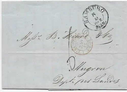 Brief von Hamburg 1852 nach Frankreich, seltener Th. &T Stempel