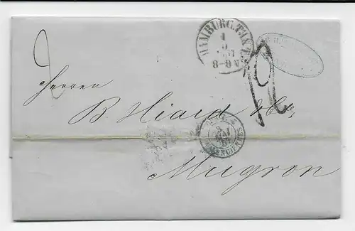 Hamburg: Brief 1857 nach Mugron, Frankreich, T&T Stempel