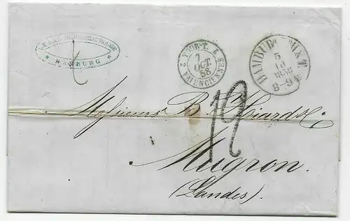 Hamburg: Brief 1858 nach Mugron, Frankreich, T&T Stempel