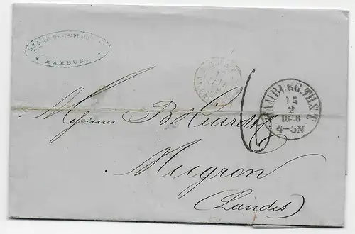 Hamburg: Brief 1858 nach Mugron über Paris und Pyrénees, Frankreich, T&T Stempel
