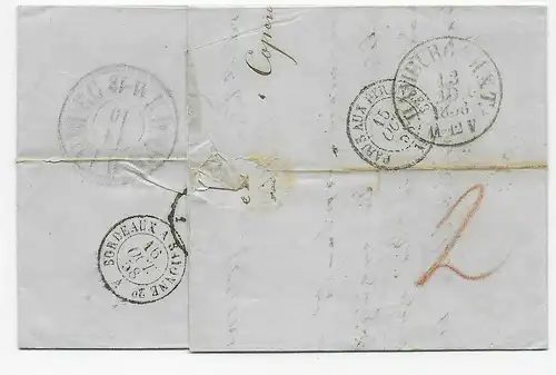 Brief Kopenhagen 1858 nach Mugron, Frankreich, über Hamburg, Bordeaux