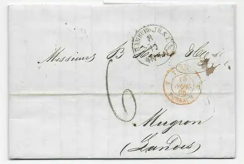 Hamburg: Brief 1866 nach Mugron über Paris und Forbach, Frankreich, T&T Stempel