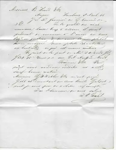 Hamburg: Brief 1866 nach Mugron über Paris und Forbach, Frankreich, T&T Stempel