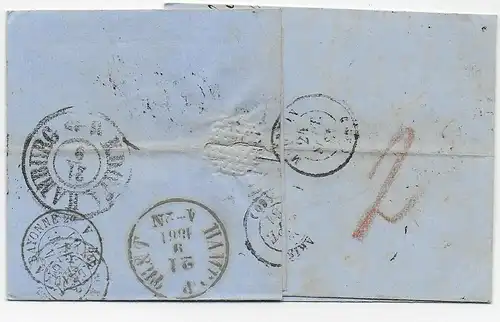 Brief Kopenhagen 1861 nach Mugron, Frankreich, über Hamburg T&T