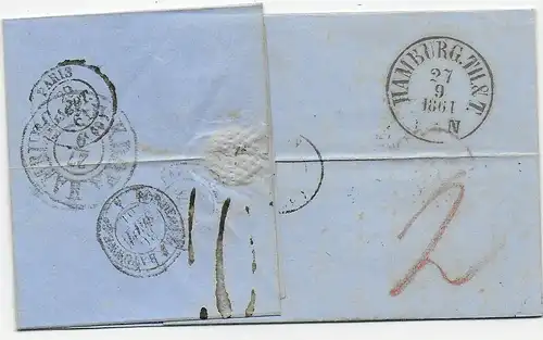 Brief Kopenhagen nach Mugron, Frankreich, 1861 über Hamburg T&T