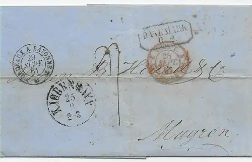 Brief Kopenhagen nach Mugron, Frankreich, 1861 über Bordeaux und Hamburg T&T