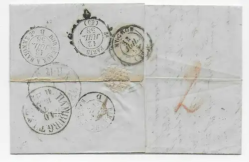 1858 Brief Kopenhagen nach Mugron, Frankreich, über Bordeaux und Hamburg T&T