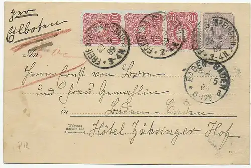 Ganzsache P 18 als Eilboten 1889 von Freiburg nach Baden-Baden