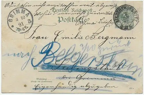 Ganzsache 1891 von Liebertwolkwitz nach Seelingstädt, Weiterleitung und zurück