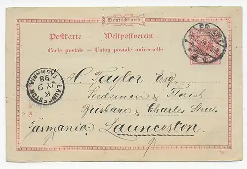 Ganzsache 1898 von Erfurt nach Tasmanien, Launcestron