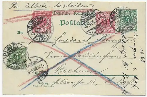 Ganzsache 1899 aus Bingen nach Bochum als Eilbote