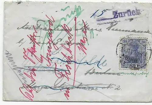 Brief 1919 nach Berlin und zurück:    Öffnung zur Ermittlung Absender Berlin
