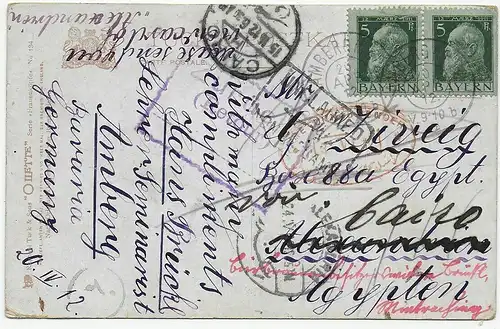 Postkarte Amberg nach Ägypten, 1912 und zurück nach Weiterleitung