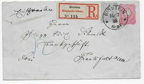 Birstein Einschreiben 1885 auf Ganzsachenumschlag U12 nach Frankfurt