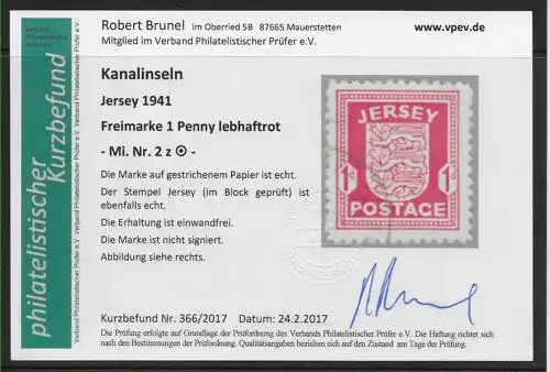 Jersey MiNr. 2z, Portomarke gestempelt, geprüft