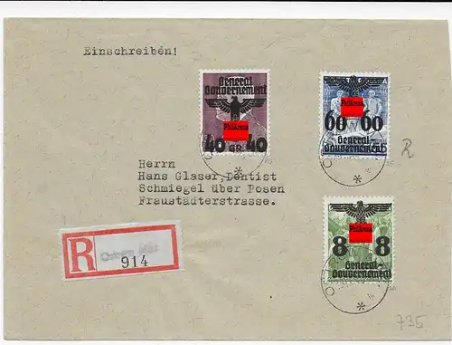 GG: portogerechtes Einschreiben Doppelbrief Ostrow Maz. nach Schmiegel 1940