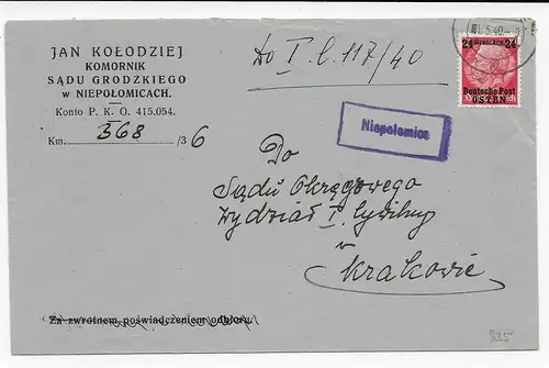 GG Niepolomice 1940 nach Krakau, Agenturstempel