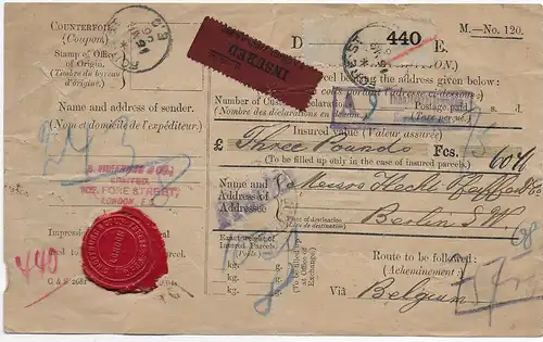 Paketkarte, Wert von London nach Berlin über Belgien, 1906