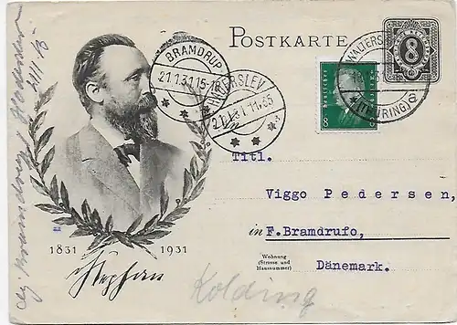 Postkarte Waltershausen nach Bramdrup/Dänemark  1931