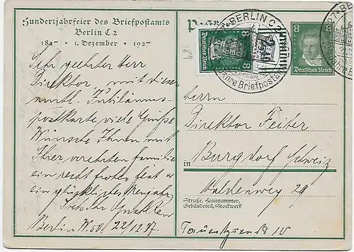 Ganzsache MiNr. 389 OR W Jahrhundertfeier des Briefpostamtes Berlin, 1927