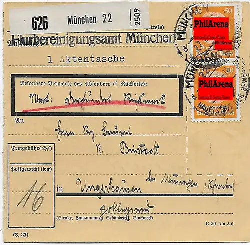Dienst-Paketkarte München, Flurbereinigungamt, 1 Aktentasche nach Memmingen 1939