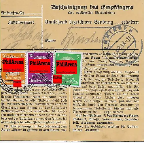 Dienst-Paketkarte München, Flurbereinigungamt, 1 Aktentasche nach Memmingen 1939