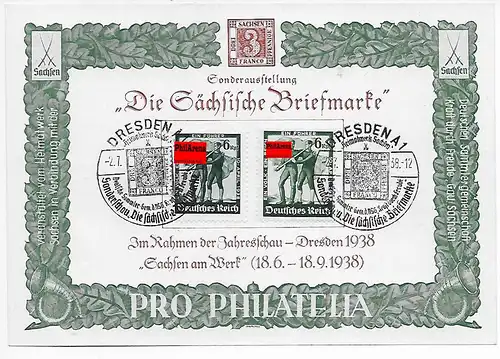 Gedenkblatt Sonderschau Sächsische Briefmarke, 1938