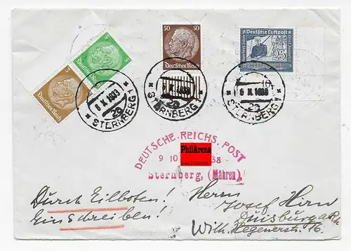 Brief von Sternberg 1938 nach Duisburg, Seltener Mähren Stempel der DRP