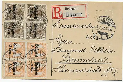 Postkarte Einschreiben Brüssel nach Darmstadt, 1917