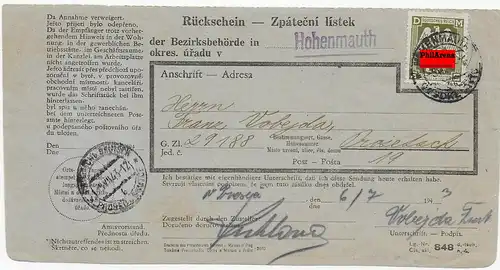 Rückschein 1943 Hohenmauth