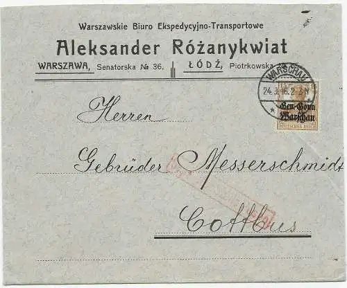 Brief von Warschau 1916 an Messerschmidt in Cottbus, Zensur Posen