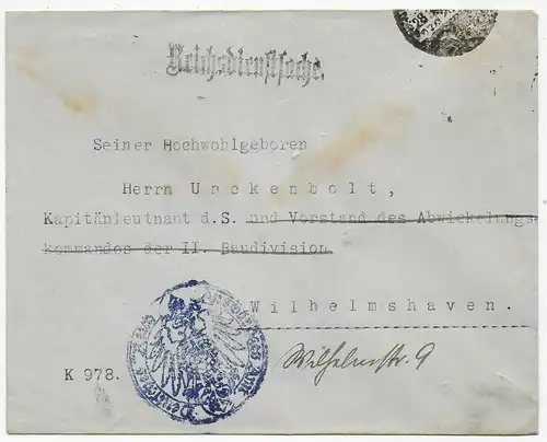 Reichsdienstsache Deutsche Gesandschaft an Kapitänleutnant Wilhelmshaven