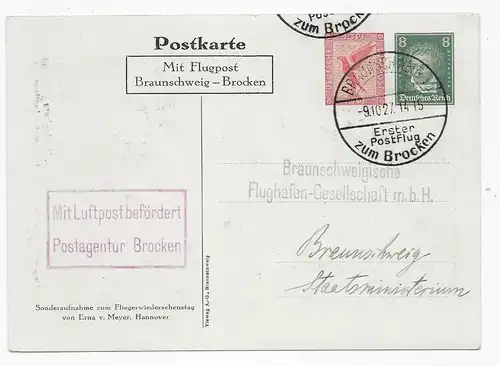 Flugpost Braunschweig-Brocken, Postagentur, 1927 mit v. Hindenburg Karte