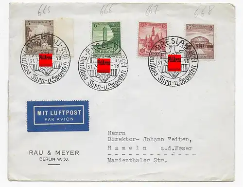 Luftpost Berlin nach Hameln, MiNr. 665-668, Sonderstempel Breslau 1938