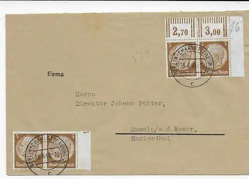 Brief aus Berlin, MiNr. 513 MeF 1940 nach Hameln, Eckrand, Randnummer