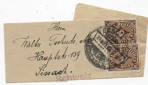 Streifband 1923 nach Saissach/Schweiz, MiNr. 231 MeF