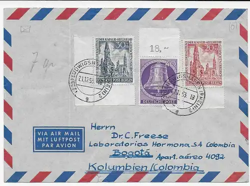 Luftpost Mannheim, 1953 nach Bogotá, Columbia, Berlin MiNr. 109, Eckrand